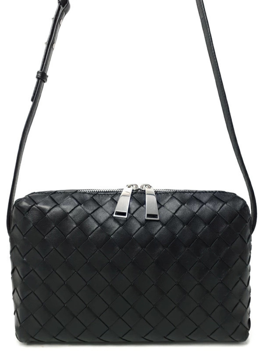 Bottega Veneta black leather Intrecciato weave camera shoulder bag dual zip